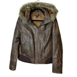 Danier Brown Leather Jacket with  Faux Fur Trim